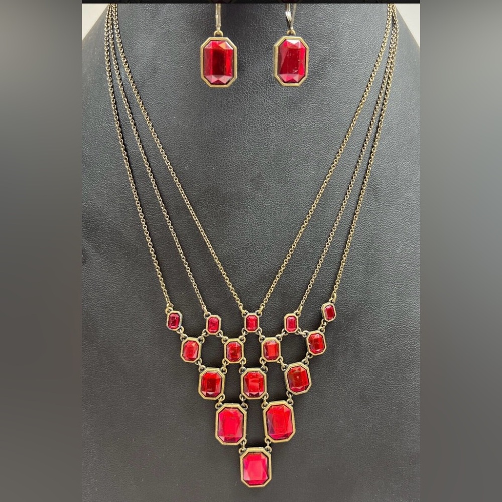 Avon Festoon Red Chandelier Necklace & Earrings Set